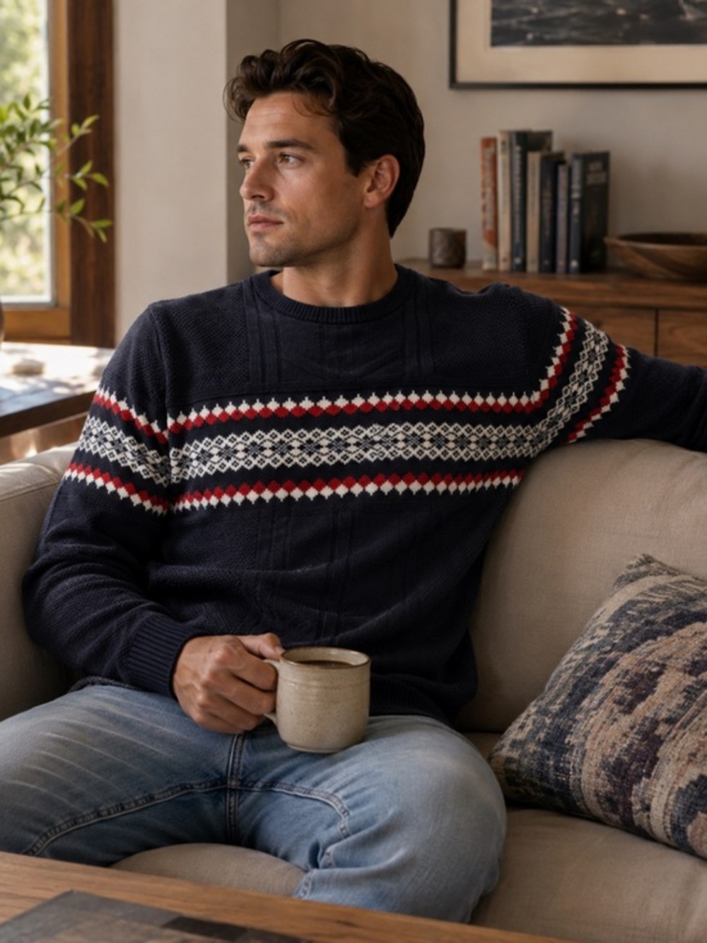 Nautica Men's Navy Crewneck Sweater with Red and White Fair Isle Detail